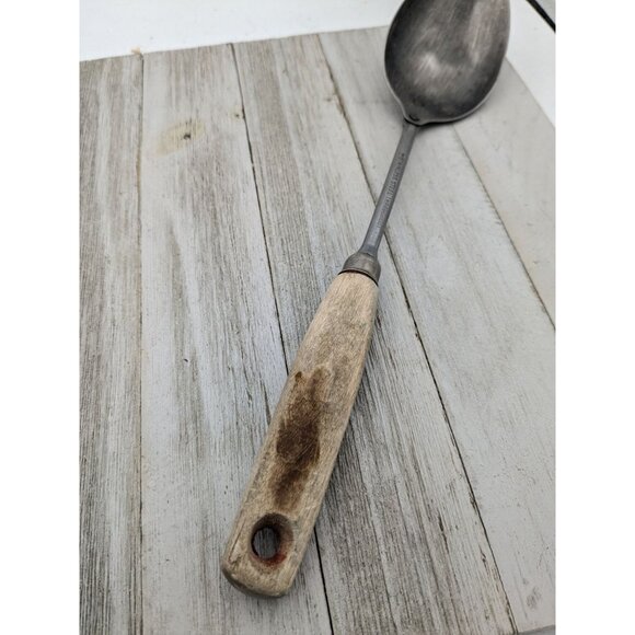 Vintage Stainless Steel Throughout Solid Serving Spoon Wood Handle 12" - Picture 3 of 8